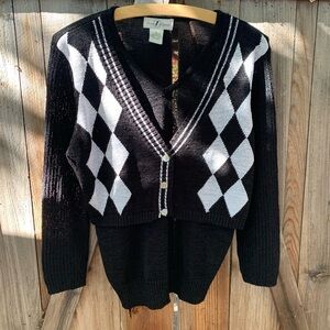 Rare vintage black and white rayon blend checkered plaid design vest sweater